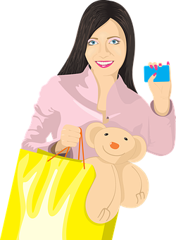 Shopping Girl With Teddy Bear And Card Illustration PNG Image