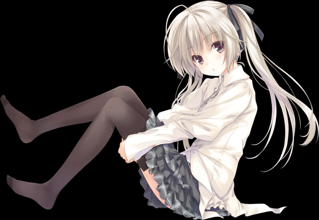 Silver Haired Anime Girl Sitting PNG Image