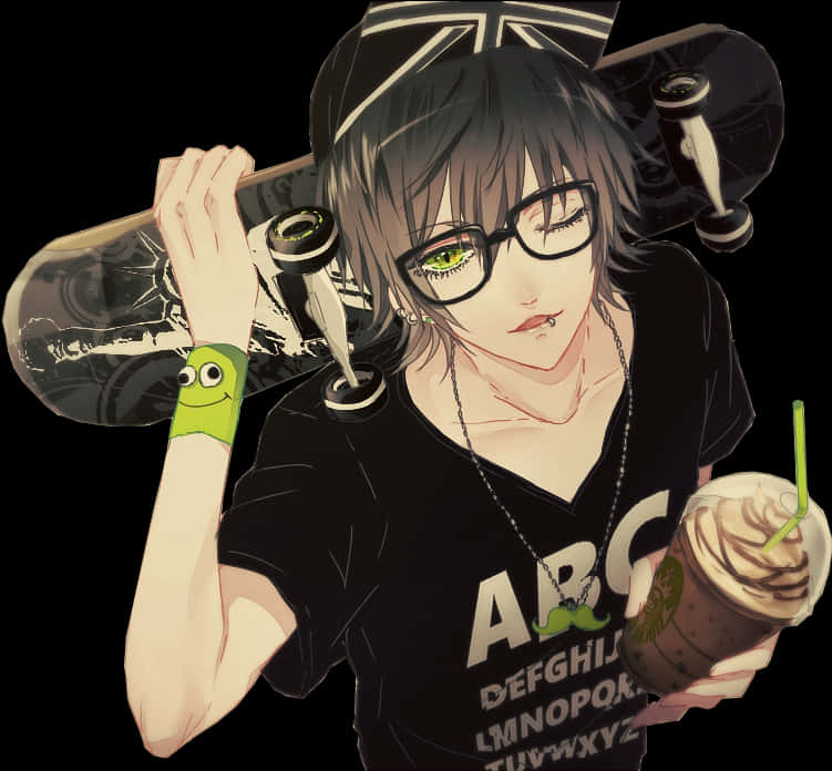 Skater Anime Boywith Glasses PNG Image