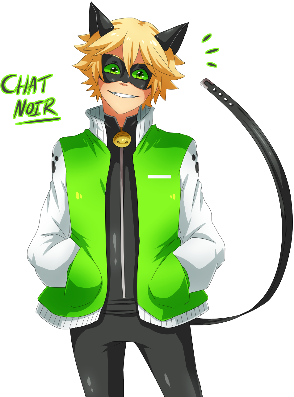 Smiling Anime Characterwith Cat Earsand Green Jacket PNG Image