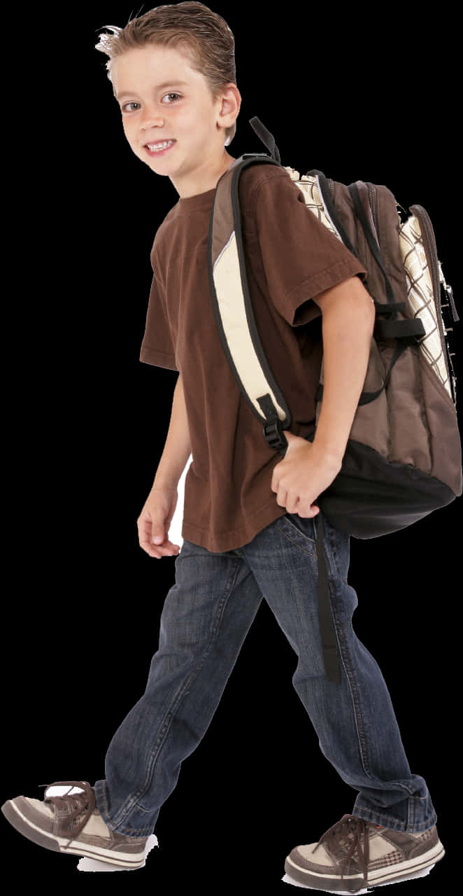 Smiling Boy Walking With Backpack PNG Image