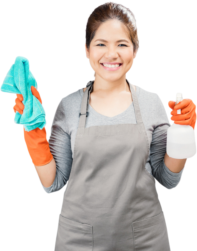 Smiling Cleaner With Spray Bottleand Cloth PNG Image