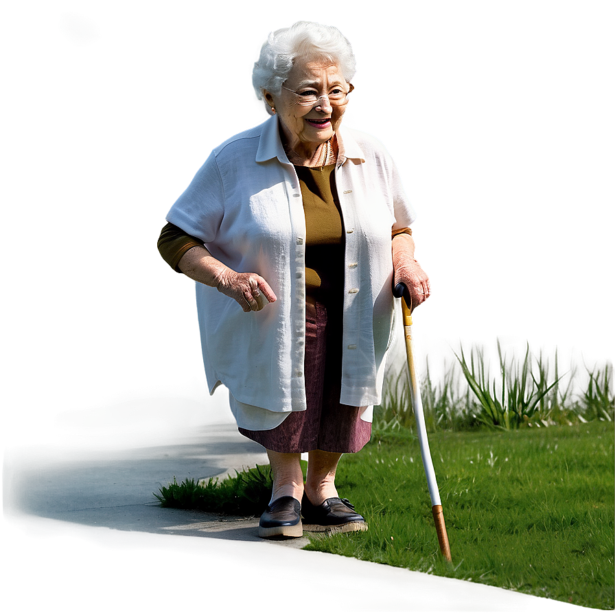 Smiling Grandmother Walking With Cane PNG Image