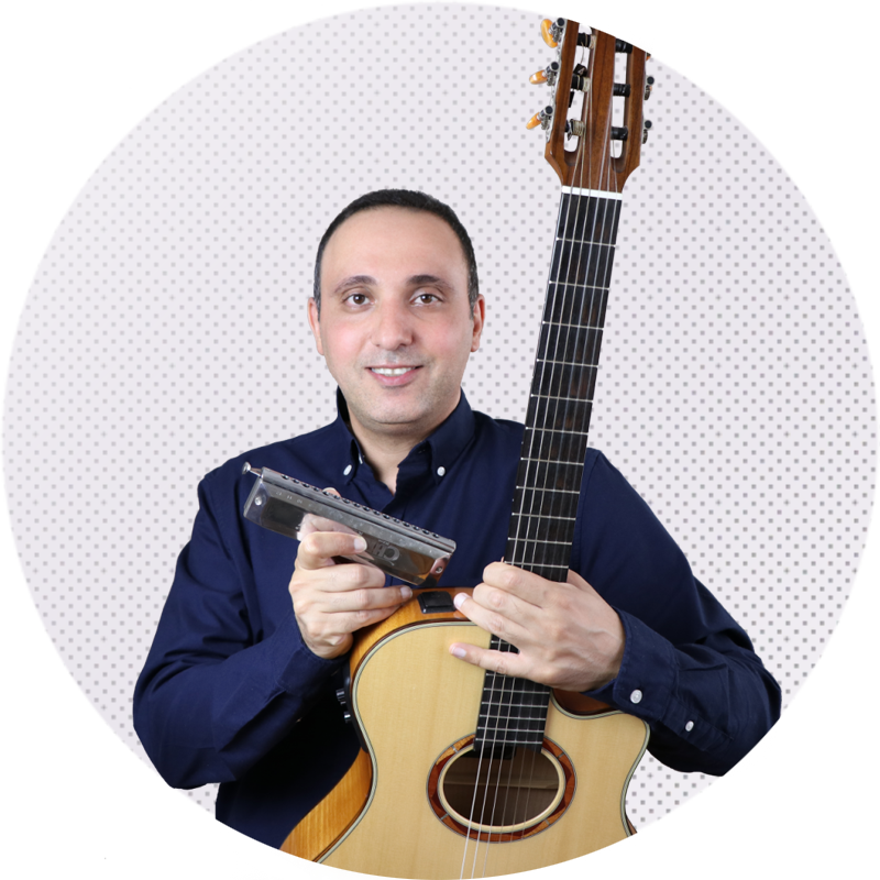 Smiling Guitaristwith Harmonica PNG Image