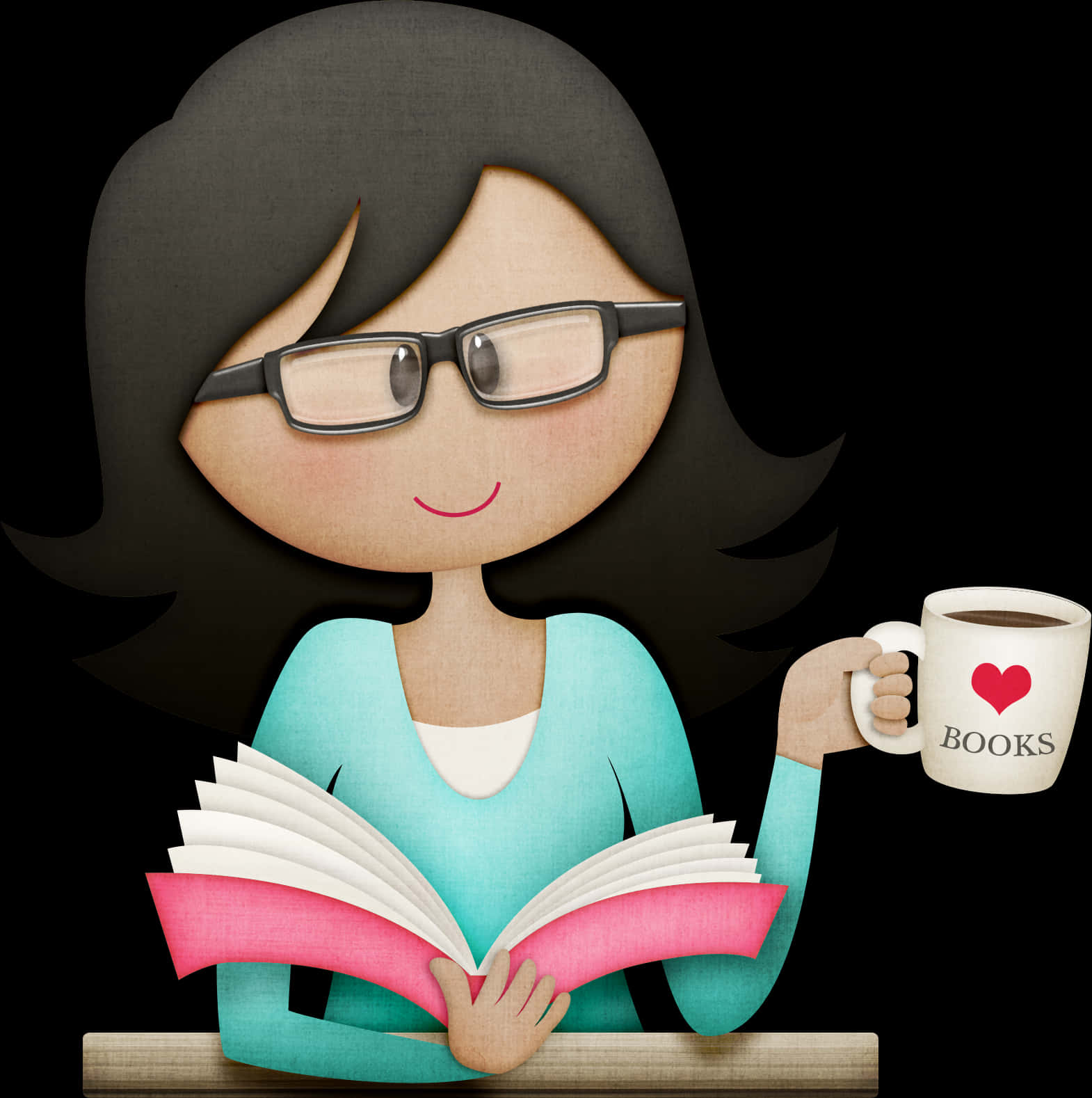 Smiling Teacher Reading Book With Coffee Cup PNG Image