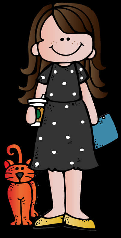 Smiling Teacher With Coffee And Red Cat Clipart PNG Image