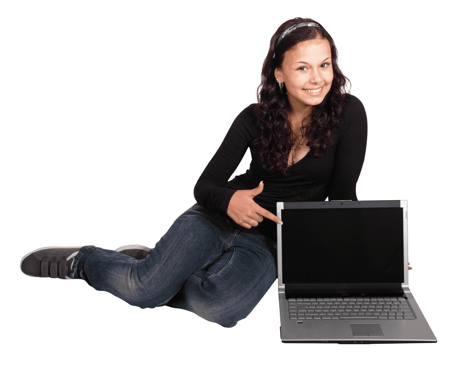 Smiling Woman Presenting Laptop PNG Image