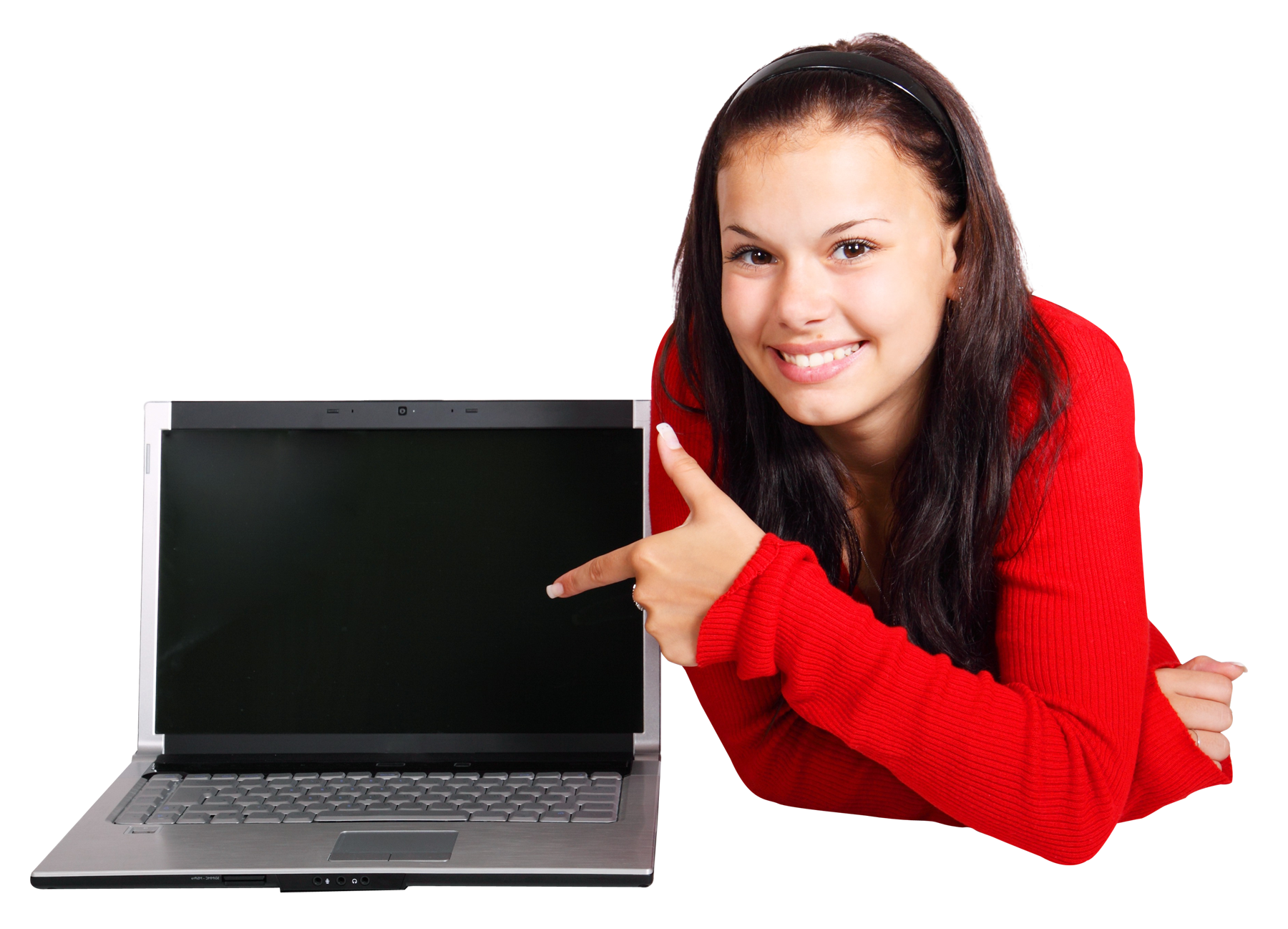 Smiling Woman Presenting Laptop Screen PNG Image