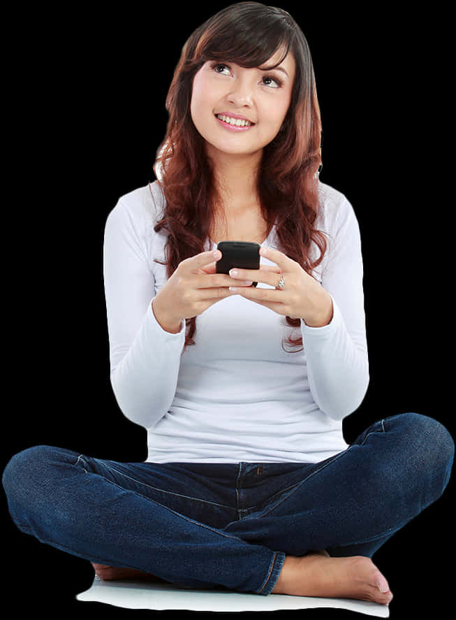 Smiling Woman Sitting With Phone PNG Image