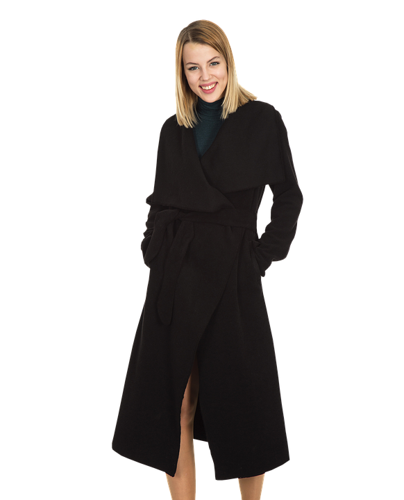 Smiling Womanin Black Coatand Turtleneck PNG Image