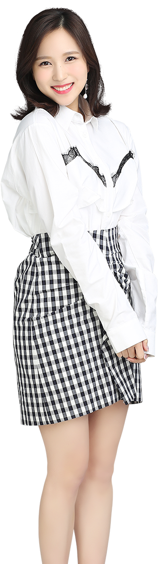 Smiling Womanin White Blouseand Checkered Skirt PNG Image