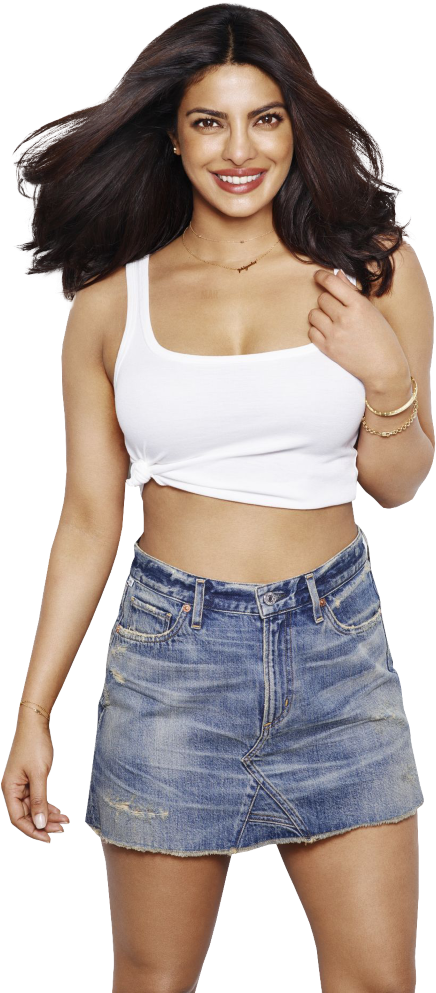 Smiling Womanin White Topand Denim Skirt PNG Image