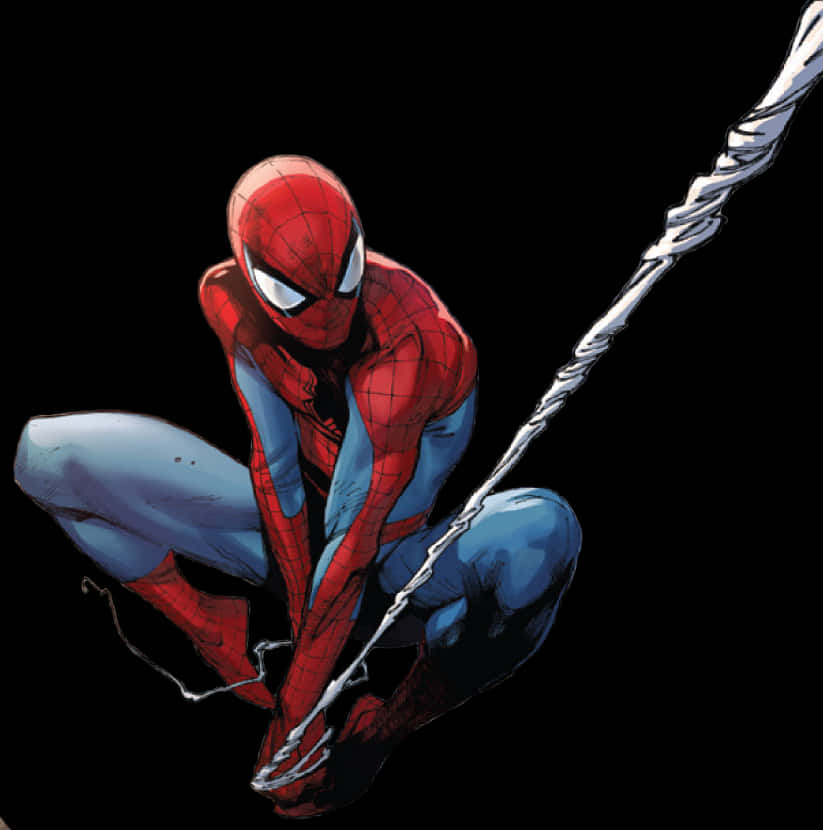 Spiderman Crouching With Web PNG Image