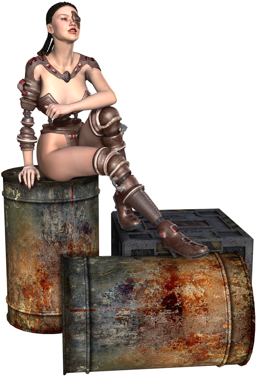 Steampunk Warrior Restingon Barrels PNG Image