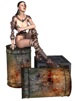 Steampunk Warrior Restingon Barrels PNG Image