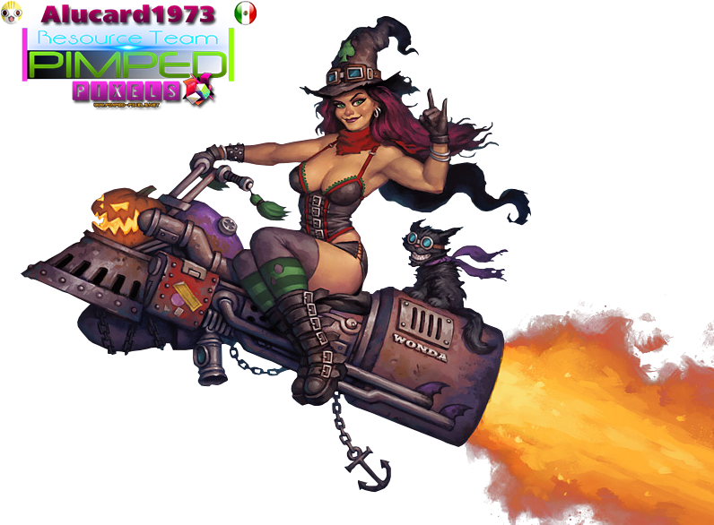 Steampunk Witch Riding Motorcycle Pinup PNG Image