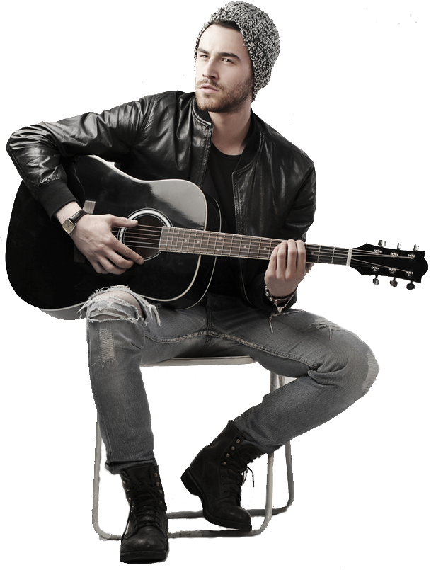 Stylish Guitarist Posingwith Acoustic Guitar PNG Image