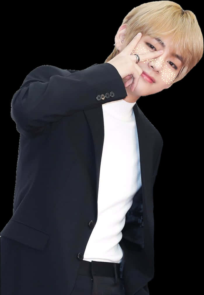 Stylish_ Man_ Peace_ Sign_ Gesture_ Black_ Suit PNG Image