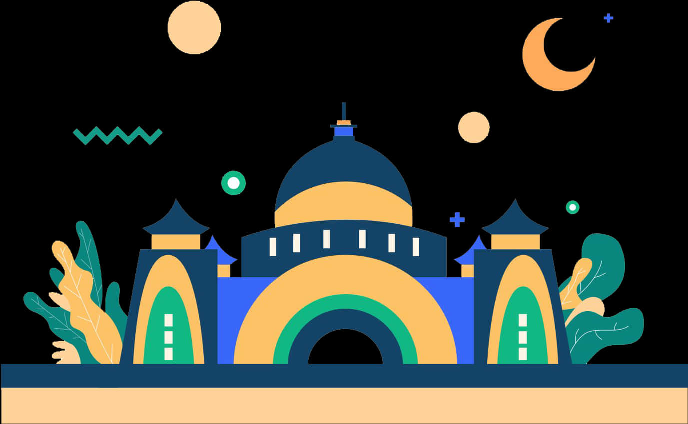 Stylized Mosque Illustration Night Scene PNG Image