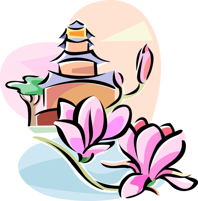 Stylized Pagodaand Magnolia Flowers PNG Image