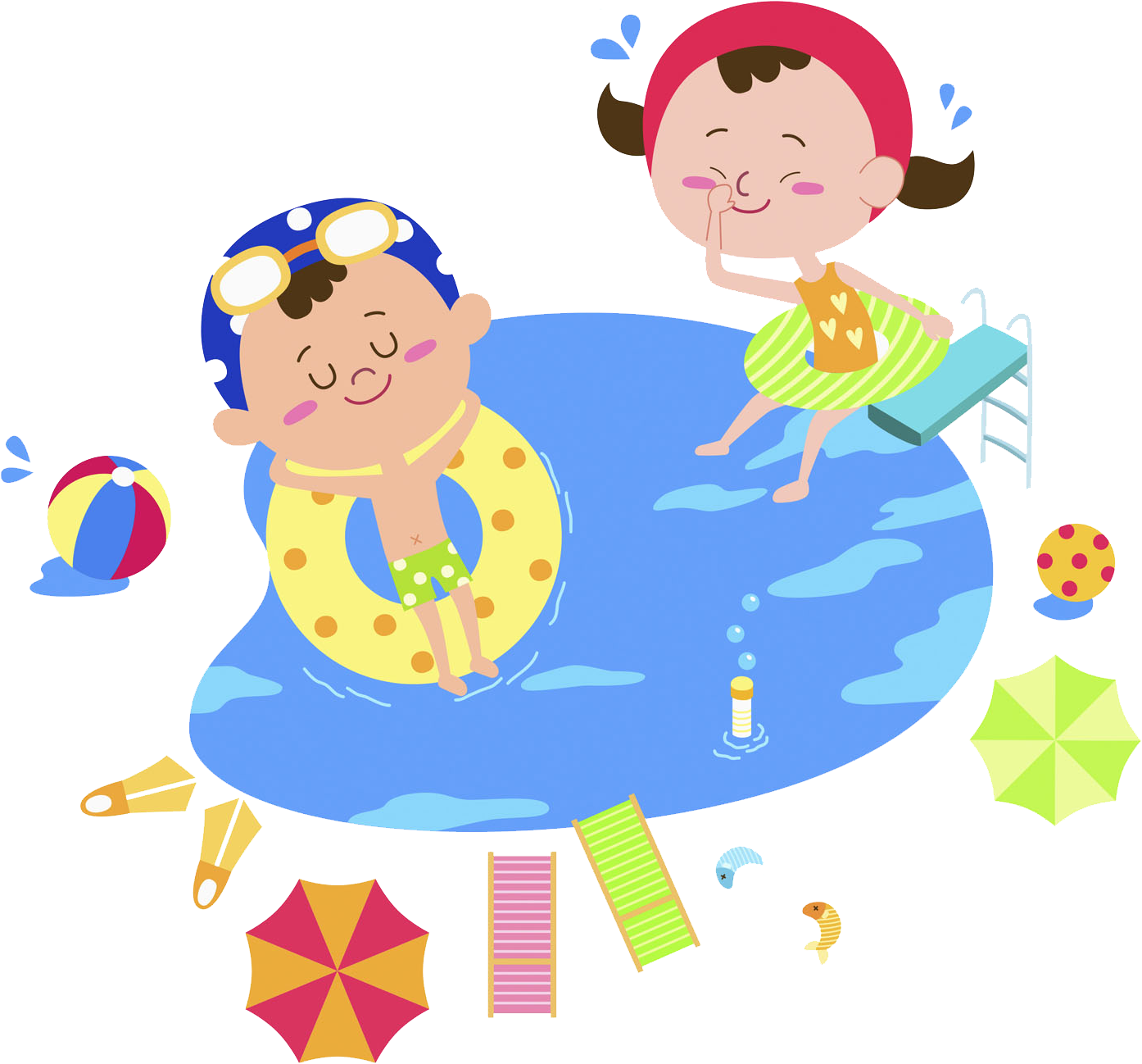 Summer Pool Fun Cartoon Kids PNG Image