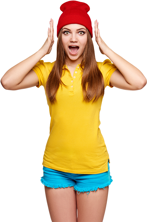 Surprised Womanin Red Beanieand Yellow Shirt PNG Image