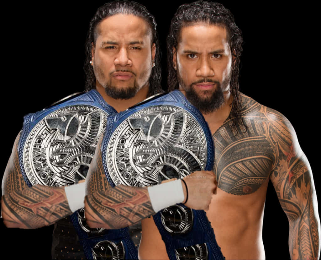 Tag Team Champions Posing With Belts PNG Image