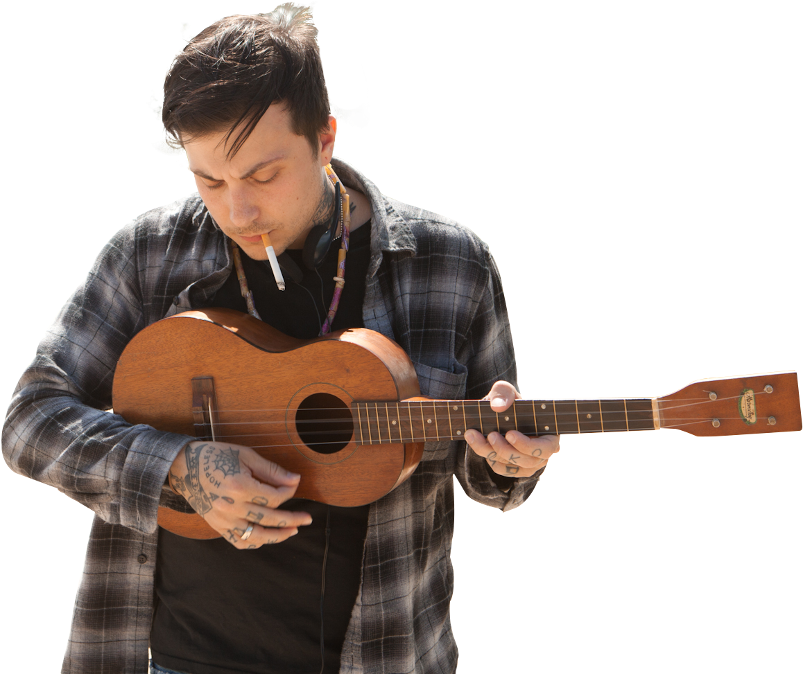 Tattooed Musician Playing Ukulele PNG Image