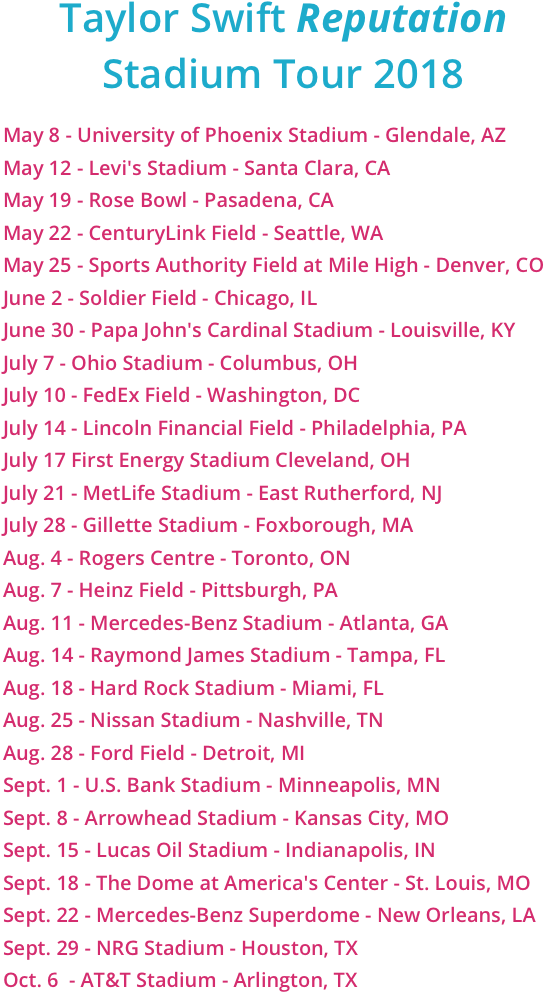 Taylor Swift Reputation Tour Dates2018 PNG Image