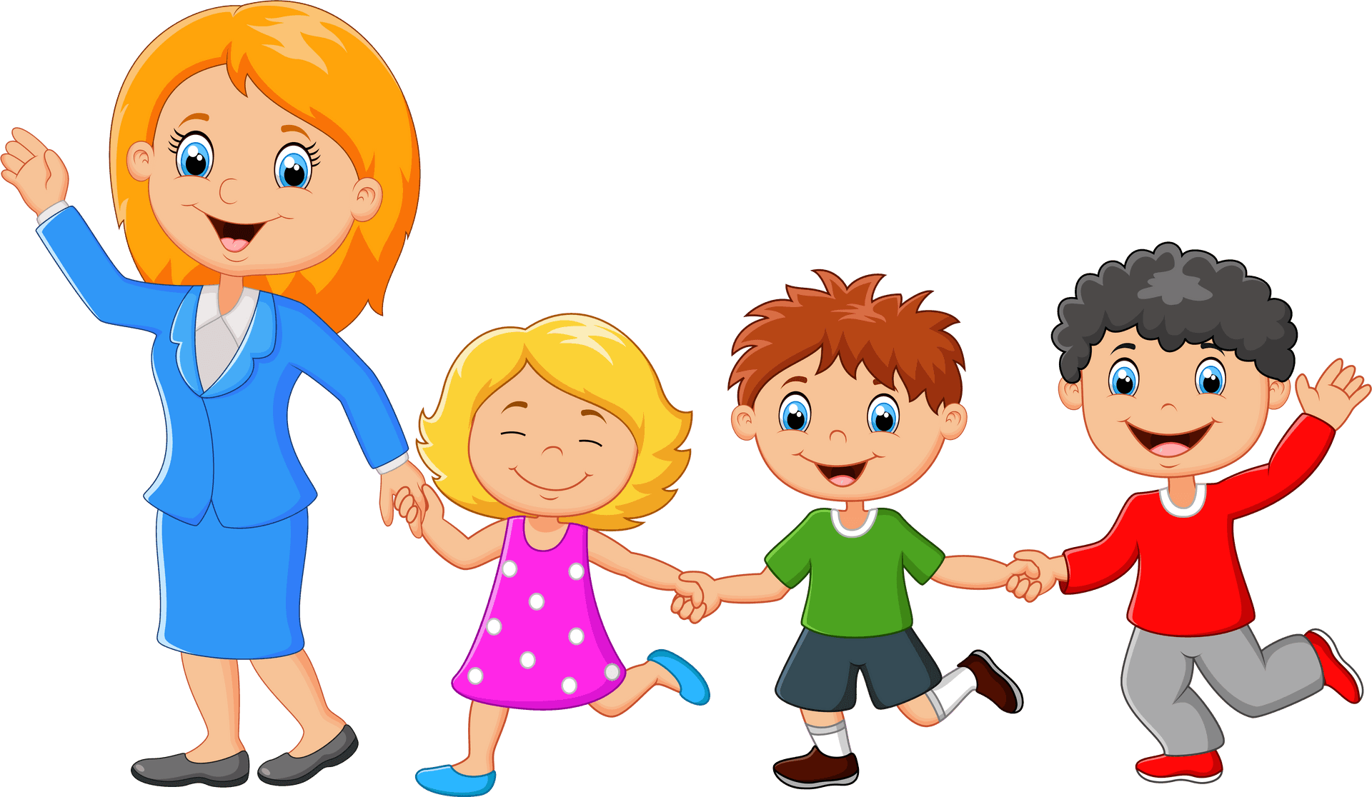 Teacher_and_ Students_ Holding_ Hands_ Cartoon PNG Image