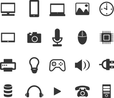 Technology Icons Set Black Background PNG Image