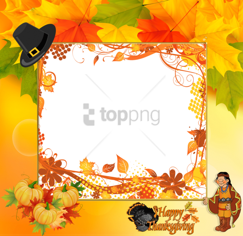 Thanksgiving Autumn Leaves Frame Pilgrim Character PNG Image