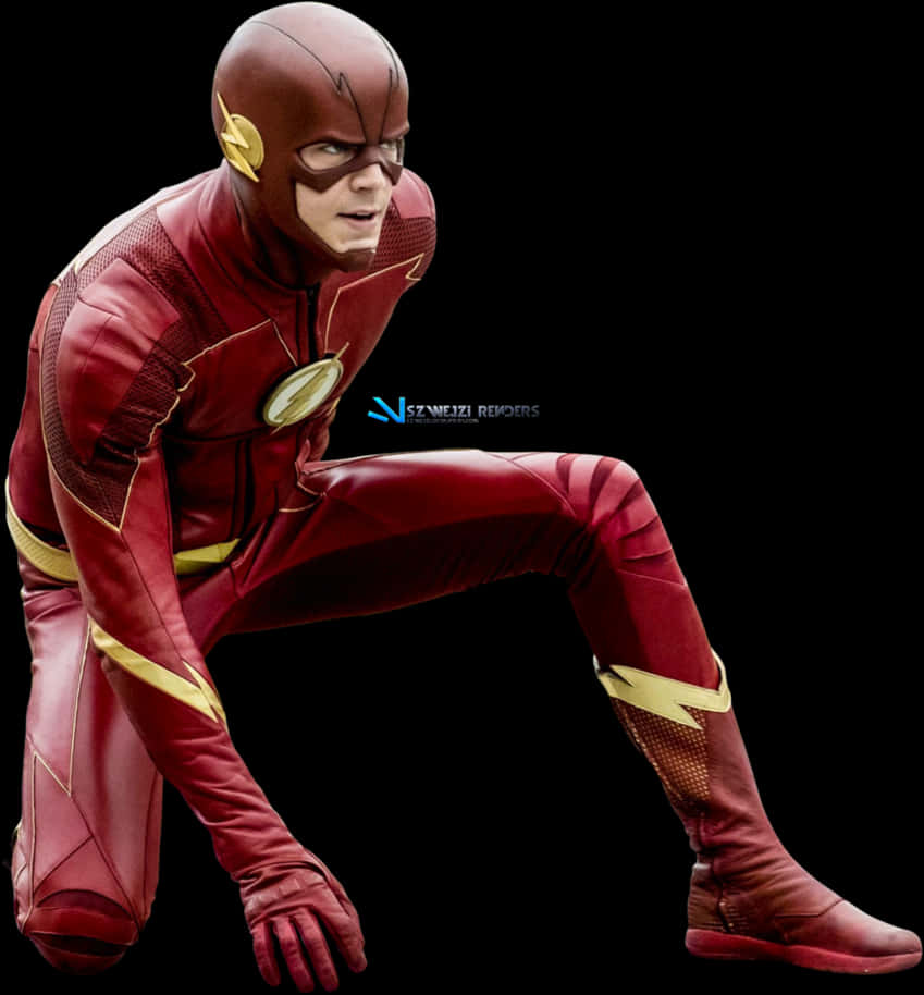 The_ Flash_ Crouching_in_ Red_ Suit PNG Image