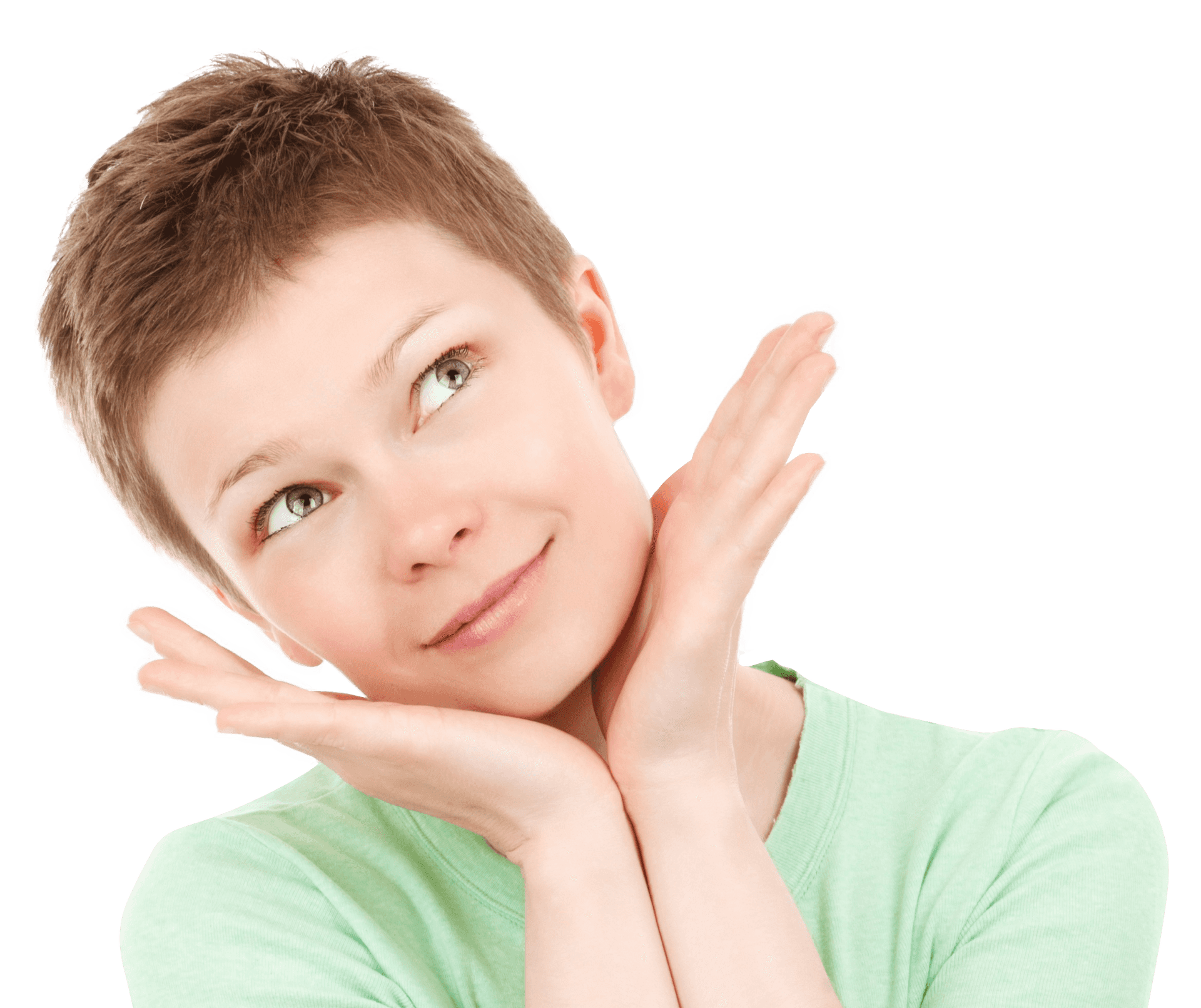 Thoughtful Young Woman Green Shirt PNG Image