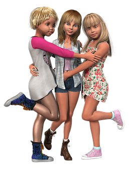 Three Animated Girls Friends Pose PNG Image