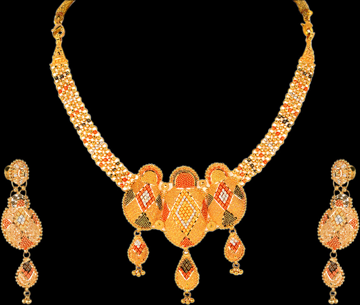 Traditional Indian Gold Necklaceand Earrings Set PNG Image