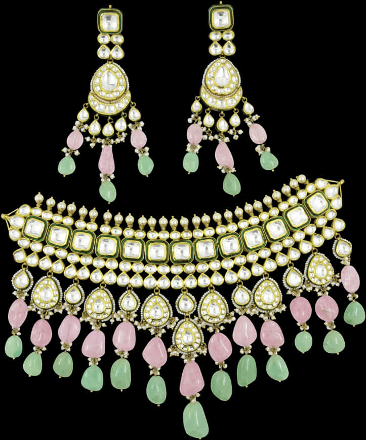 Traditional Indian Pearl Gemstone Necklace Earrings Set PNG Image