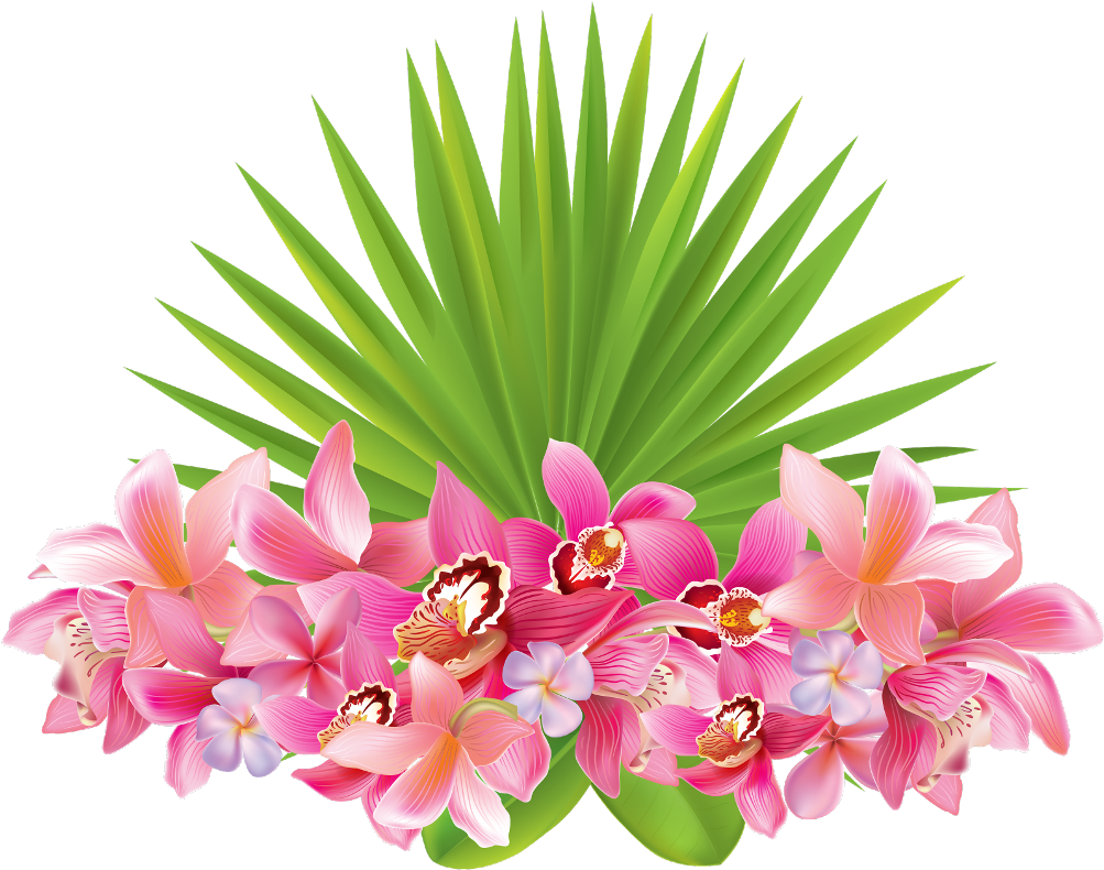 Tropical Orchidsand Palm Leaves PNG Image