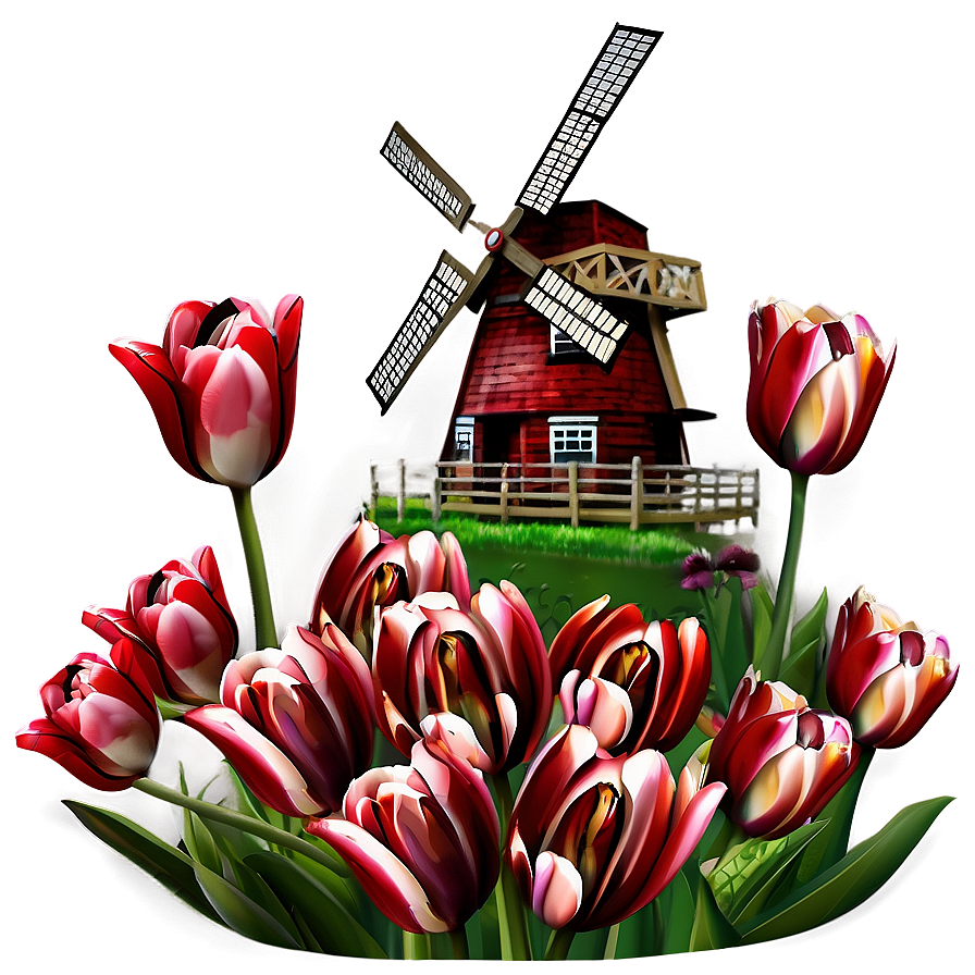 Tulips And Windmill Png Riy PNG Image