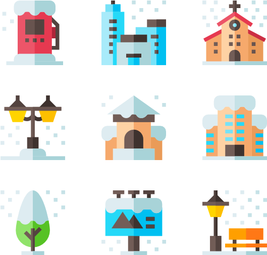 Various_ Buildings_ Under_ Snowfall_ Icons PNG Image