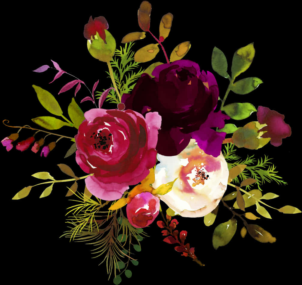 Vibrant_ Floral_ Arrangement_on_ Black_ Background PNG Image