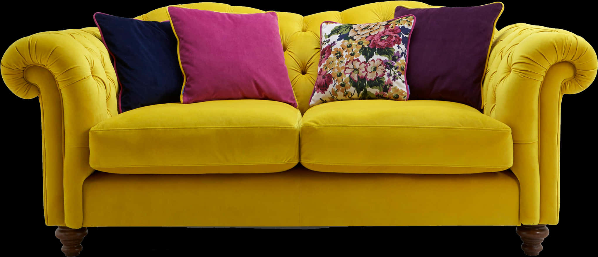 Vibrant Yellow Chesterfield Sofawith Cushions.jpg PNG Image