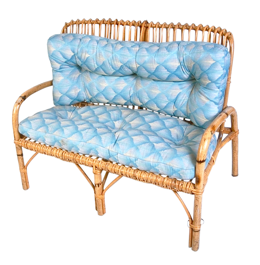 Vintage Blue Cushioned Bamboo Loveseat PNG Image