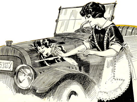 Vintage Car Illustrationwith Women PNG Image