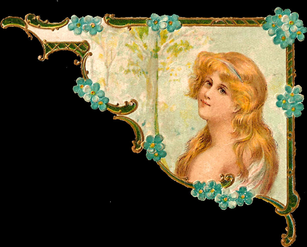 Vintage Floral Framewith Woman PNG Image