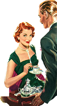 Vintage Tea Time Couple Illustration PNG Image