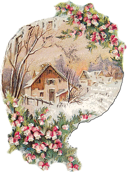 Vintage Winter Cottage Floral Frame PNG Image