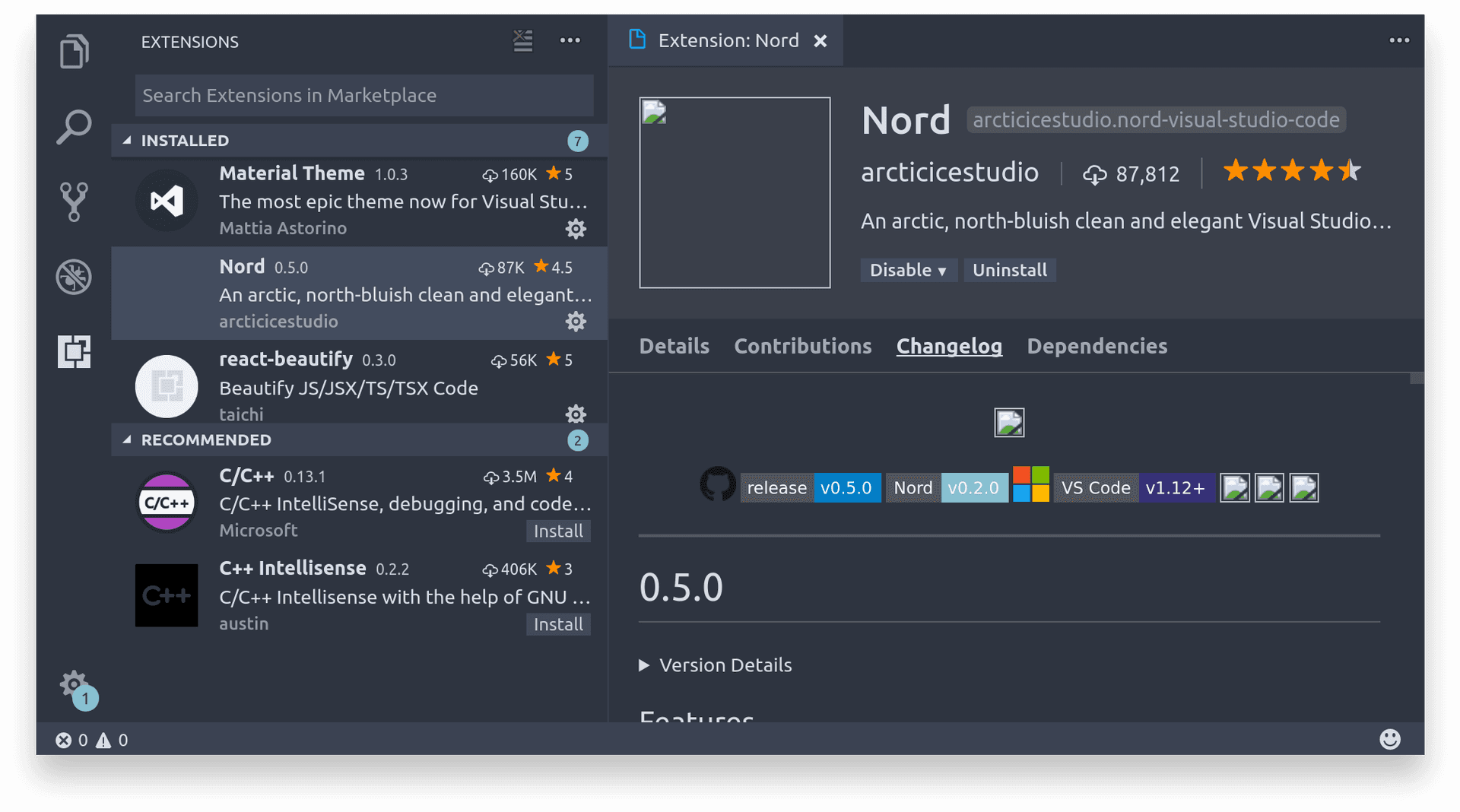 Visual Studio Code Nord Extension Screenshot PNG Image