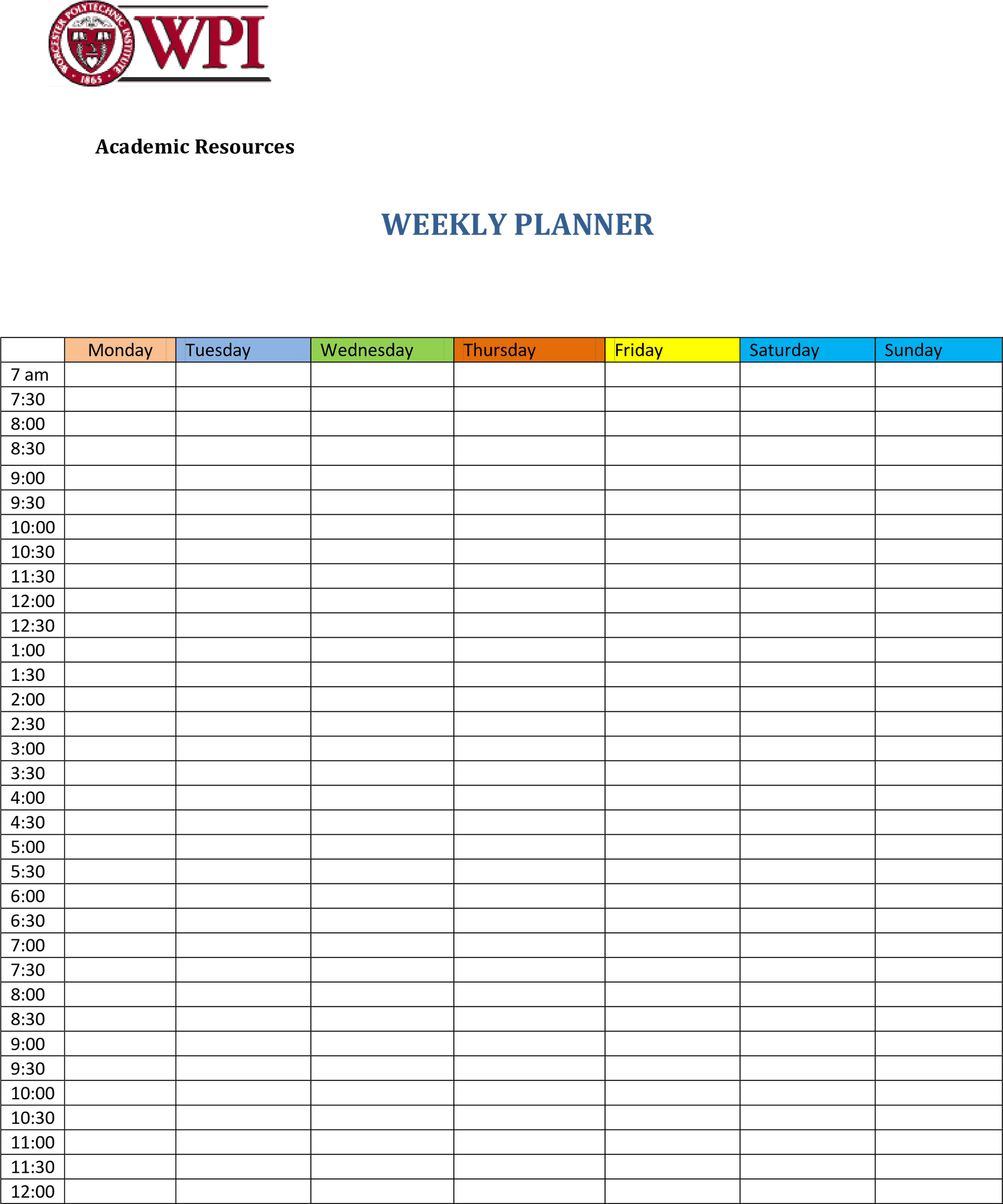 W P I Weekly Planner Template PNG Image