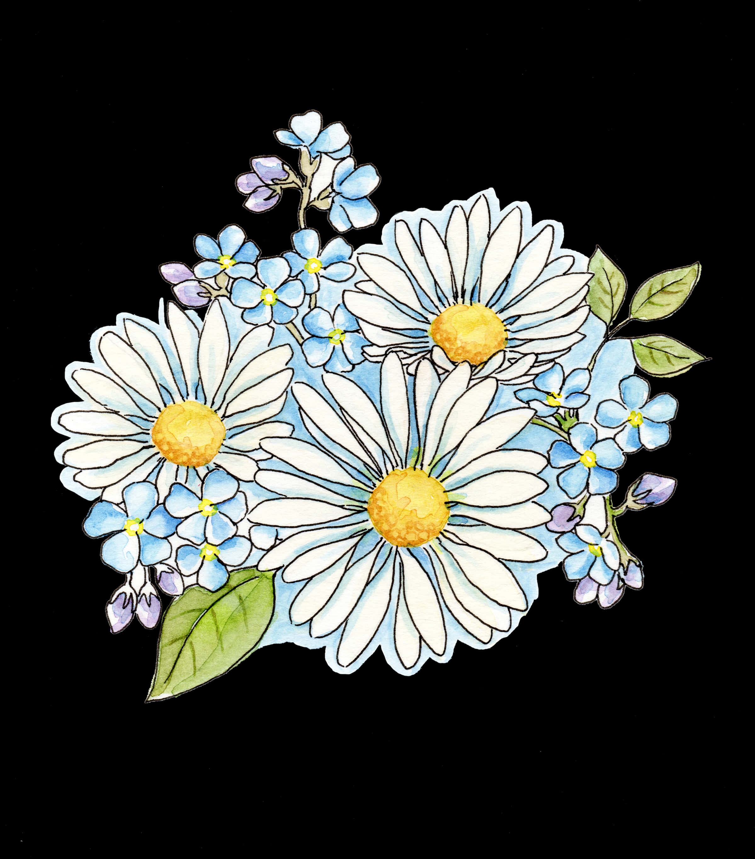 Watercolor Daisiesand Forget Me Nots PNG Image